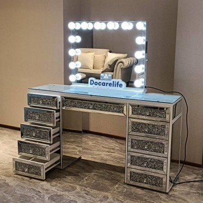 Stock In Us! Docarelife Modern Bedroom Furniture Hollywood Glass Mirrored Vanity Table With Lighted Makeup Mirror